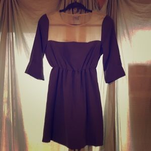 Satin grey dress with sheer cream neckline detail